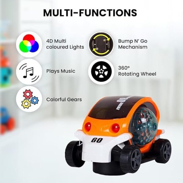 SKYLINE Battery Operated Stunt Car Toy with Music & 4D Vibrant Light Effects | 360° Rotating Bump & Go Action Car Toy - Image 5